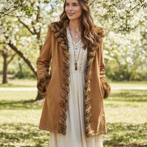 Vintage Medium DENNIS BASSO Tan Brown Suede Leather & Faux Fur Long Button Down